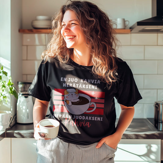 En juo kahvia herätäkseni, herään juodakseni kahvia - Kissa kupissa Unisex T-paita rentoon menoon.