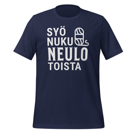 Sininen t-paita, jossa teksti 'Syö, nuku, neulo, toista' ja lankakerä – suunniteltu neulojille.
