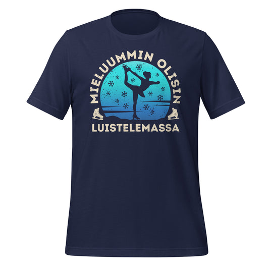 Sininen t-paita, jossa teksti "Mieluummin olisin luistelemassa", taitoluistelijan siluetti ja lumihiutaleita