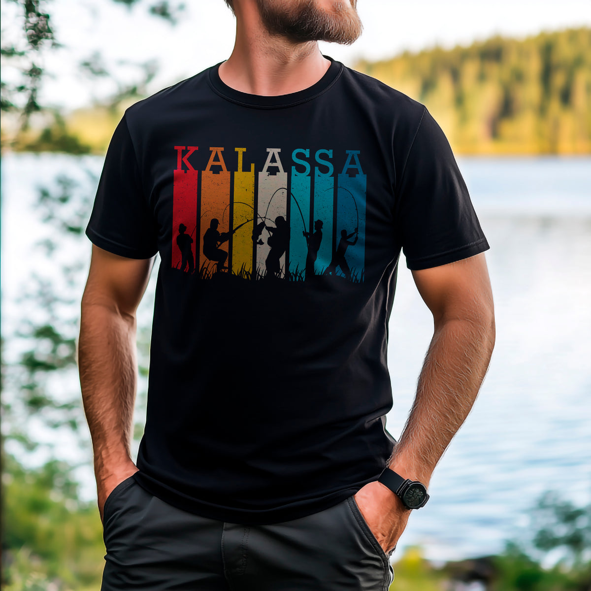 Kalassa T-paita – retro-tyylinen kalamiehen lempipaita, värikkäät siluetit kalastajista, sopii kalastuksen ystäville ja rentoon tyyliin