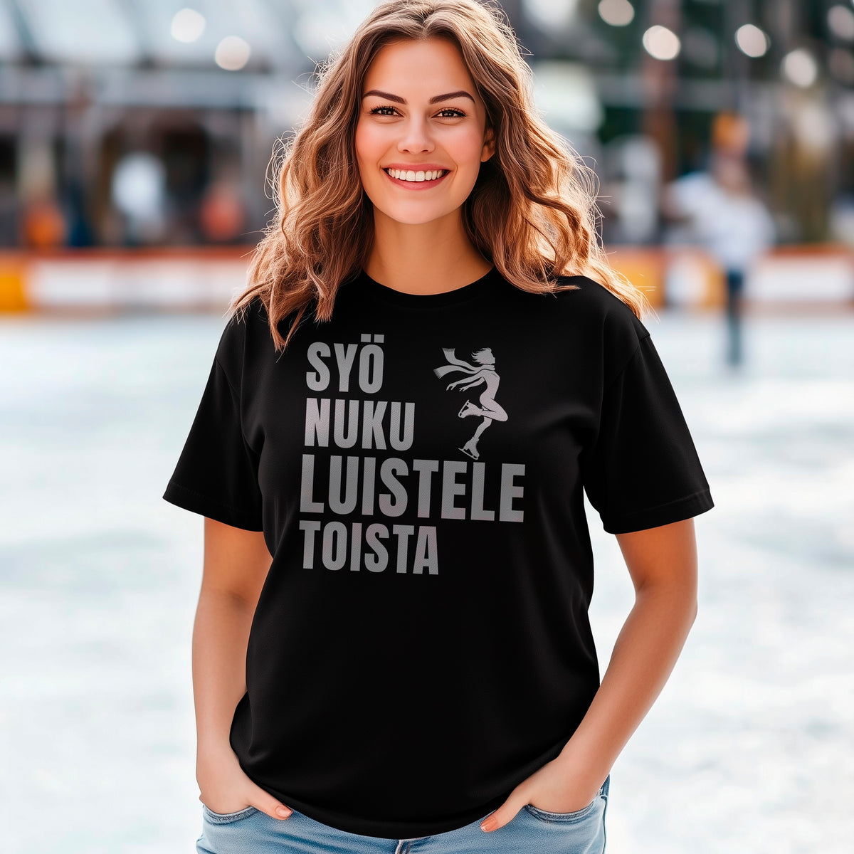Syö Nuku luistele Toista T-paita – humoristinen luistelun harrastajan design, jossa teksti kannustaa keskittymään luistelemiseen, grafiikassa miesluistelija, sopii intohimoisille luistelun ja talvilajien ystäville