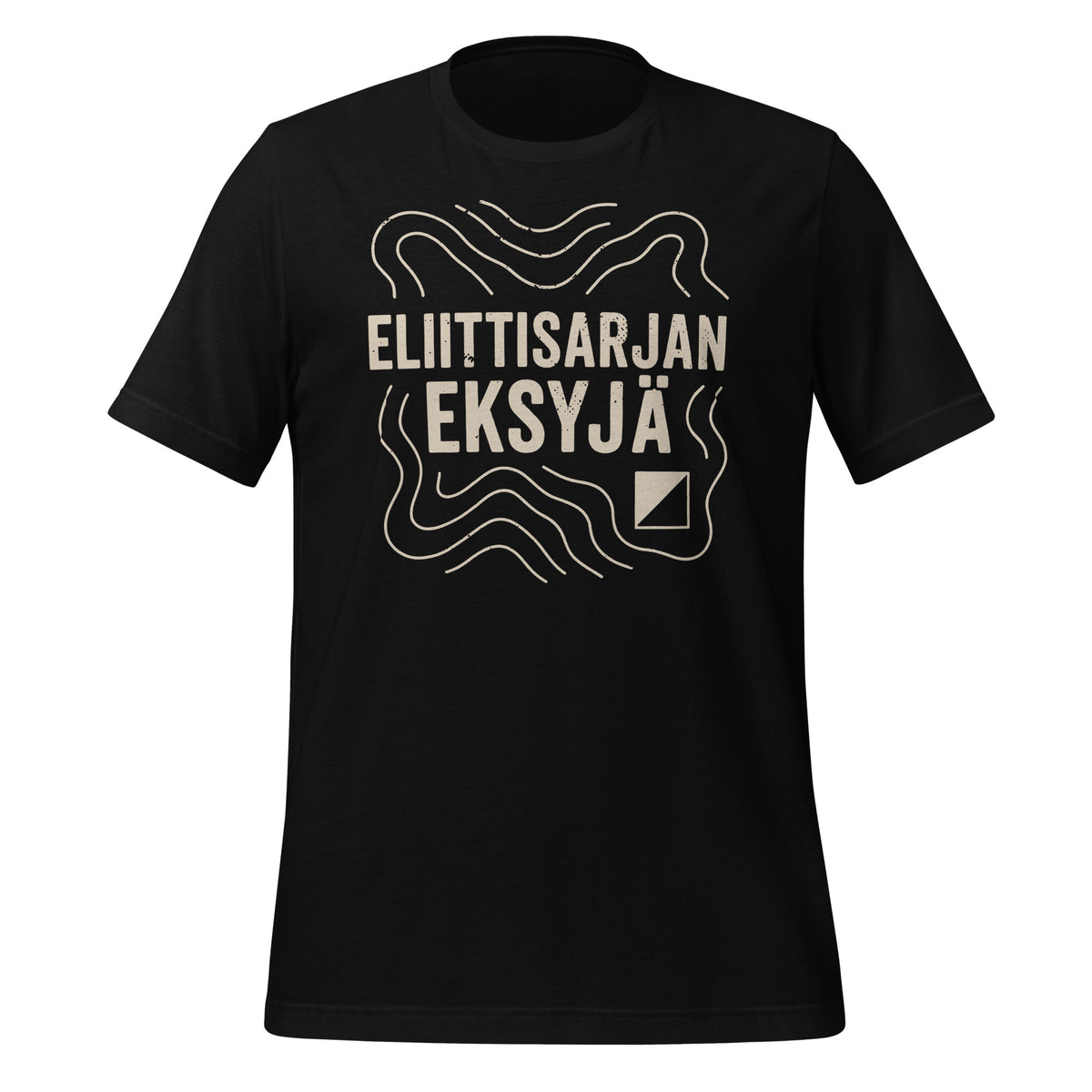 Tummapohjainen t-paita, jossa teksti "Eliittisarjan eksyjä" ja korkeuskäyrien tyyliin piirrettyä kuvitusta.