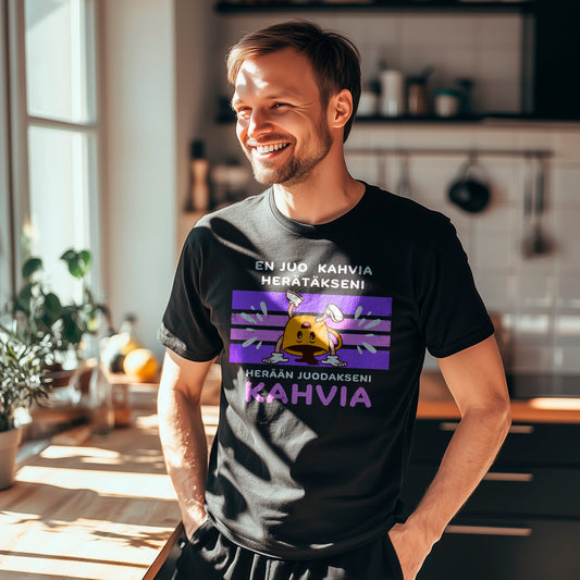En juo kahvia herätäkseni, herään juodakseni kahvia - Kuppi nurin | hauska T-paita rentoon menoon.