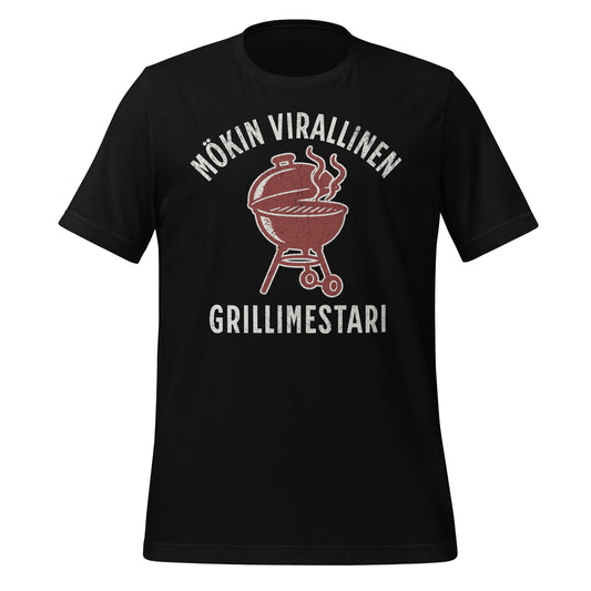 Grillimestarin musta t-paita, jossa punainen pallogrilli ja teksti "Mökin virallinen grillimestari". Hauska ja selkeä design mökkikesään.