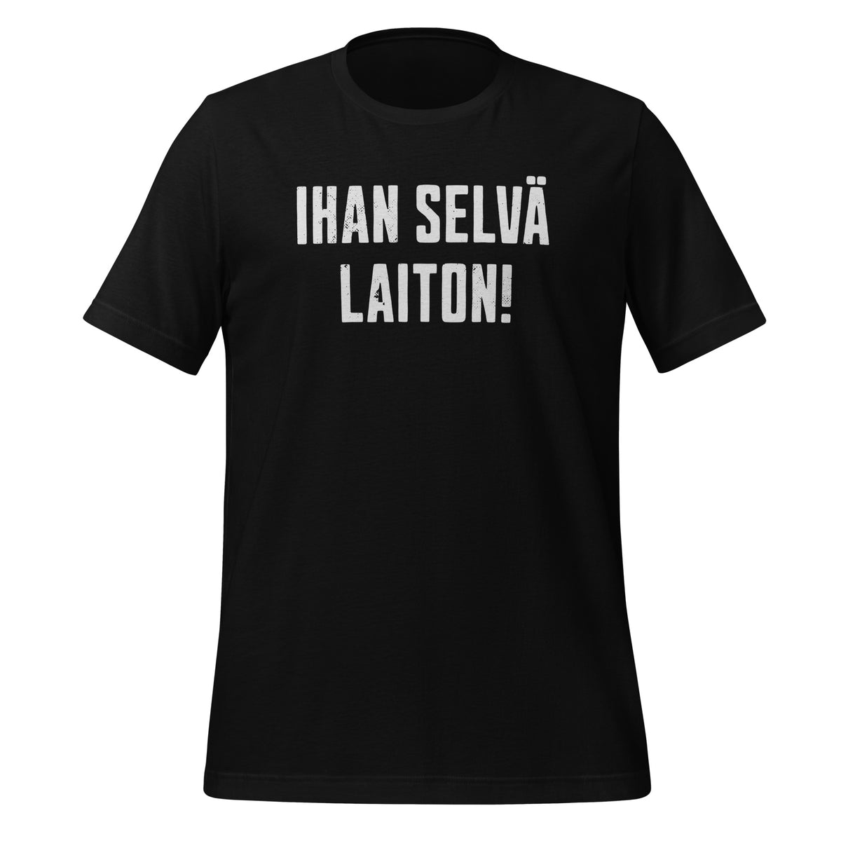 T-paita, jossa kuluneella fontilla teksti “Ihan selvä laiton!”. Pesäpallohuudahdus kentän laidalta.