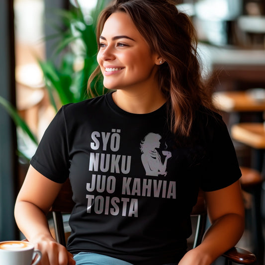 Syö Nuku Juo Kahvia Toista T-paita – humoristinen kahvin kuluttajan design, sopii intohimoisille kahvin ystäville