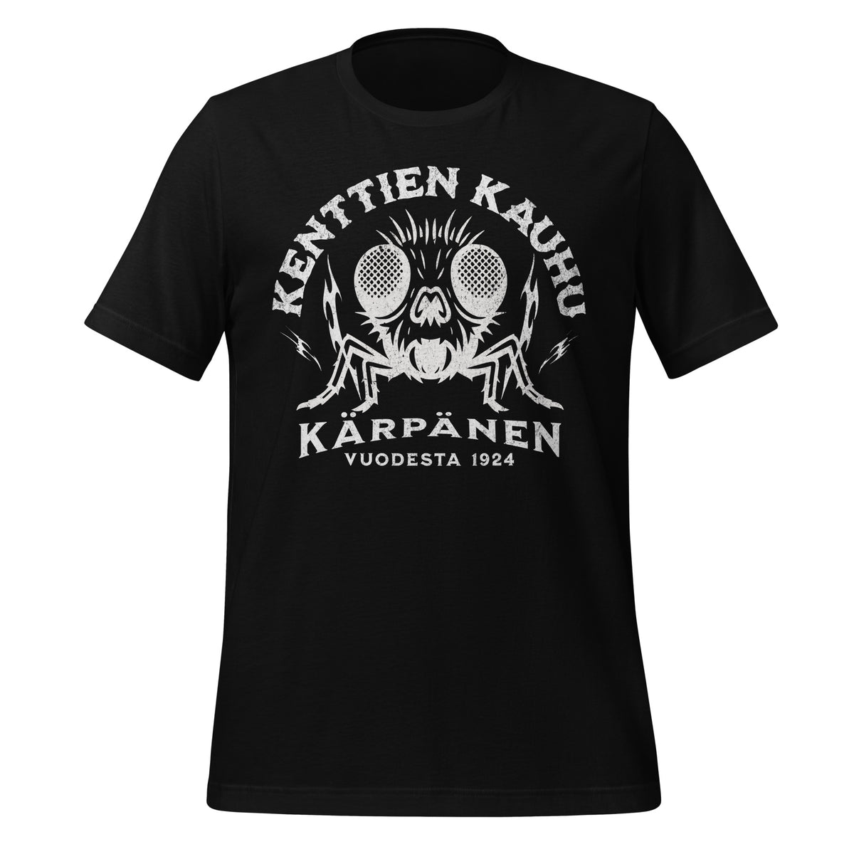 Graafinen t-paita, jossa rokkityylinen kärpänen ja tekstit “Kenttien kauhu” ja “Kärpänen vuodesta 1924”. Pesäpallon ystävien huumoripaita.