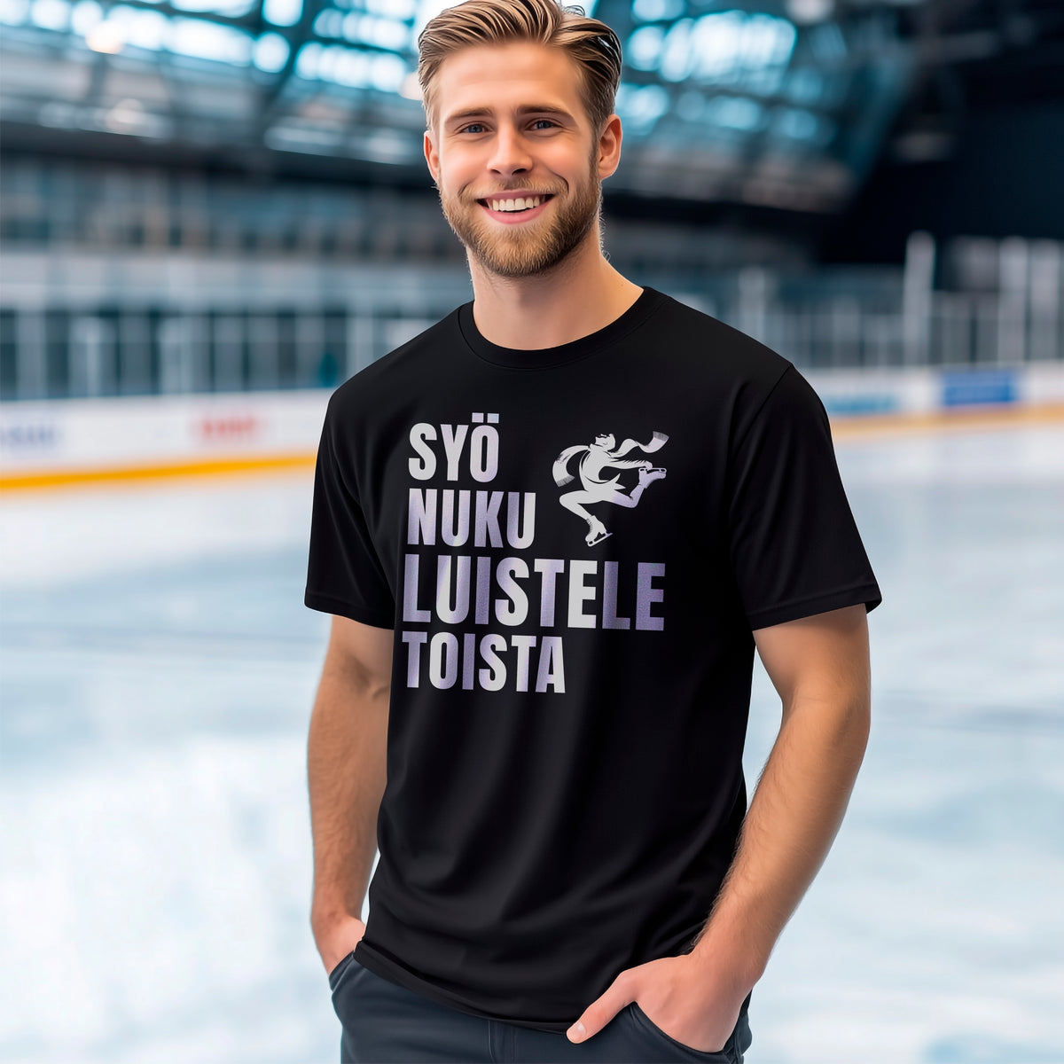 Syö Nuku luistele Toista T-paita – humoristinen luistelun harrastajan design, jossa teksti kannustaa keskittymään luistelemiseen, grafiikassa miesluistelija, sopii intohimoisille luistelun ja talvilajien ystäville
