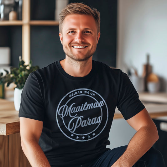 Maailman paras isä T-paita – vintage-tyylinen design tekstillä 'Meidän isä on maailman paras,' täydellinen lahja isälle, joka ansaitsee erityistä arvostusta