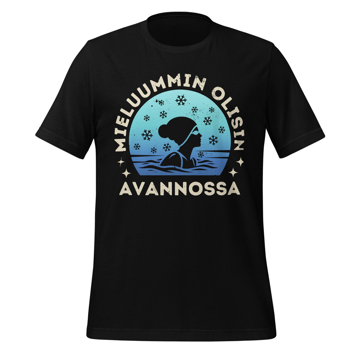 Mieluummin olisin avannossa t-paita – avantouimari talvisessa vedessä, sinisävyinen kuvitus