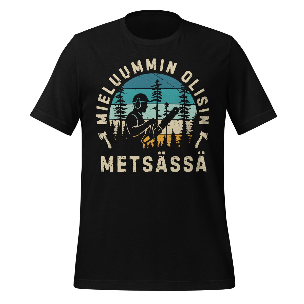 Mieluummin olisin metsässä paita, metsurin siluetti ja metsän taustakuva