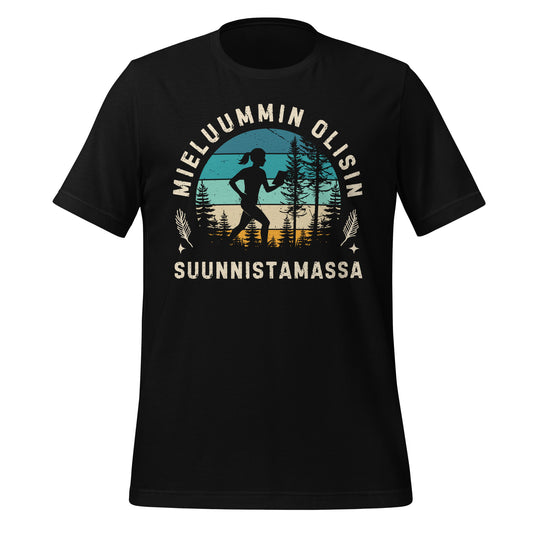Naisille suunnattu suunnistusaiheinen t-paita, jossa retrovärinen siluetti ja kaareva teksti mieluummin olisin suunnistamassa.