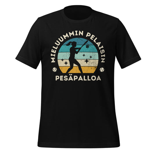 t-paita, jossa teksti “Mieluummin pelaisin pesäpalloa” ja pelaajan siluetti