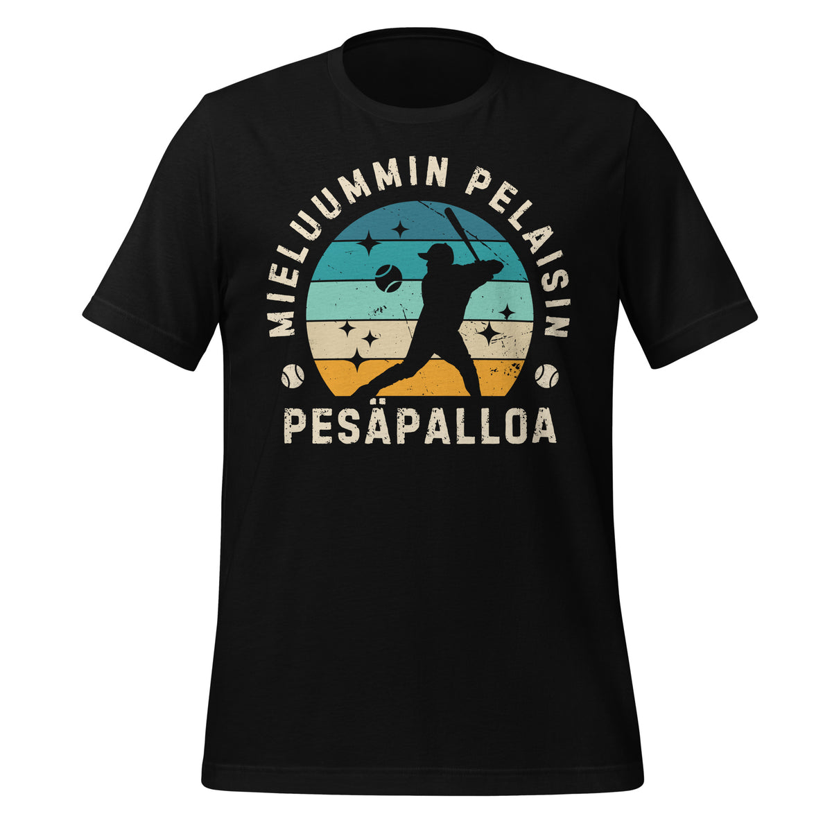 T-paita, jossa teksti “Mieluummin pelaisin pesäpalloa” ja lyöjän siluetti retroväreissä. Täydellinen pesäpallon harrastajalle.