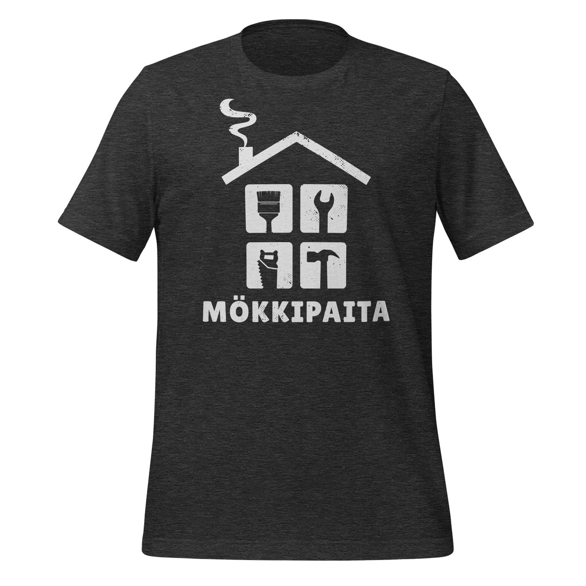 Harmaa hauska t-paita mökille  - Teksti mökkipaita, mökki ja työkalut