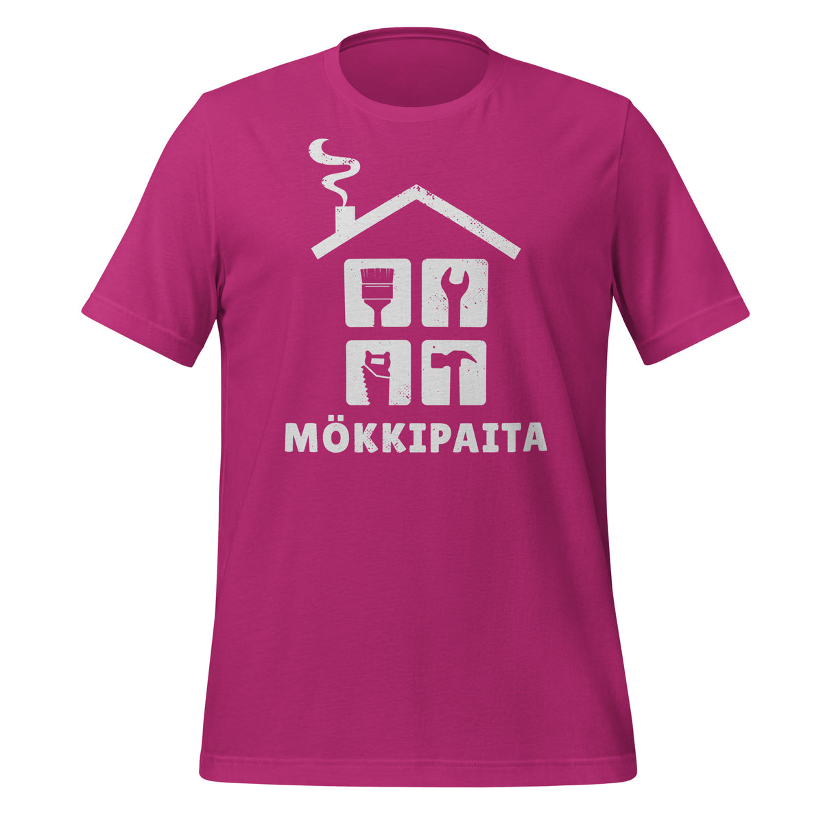 Mökkipaita - viininpunainen t-paita, jossa mökin siluetti ja työkalujen kuvia. Hauska paita mökin työleirille.