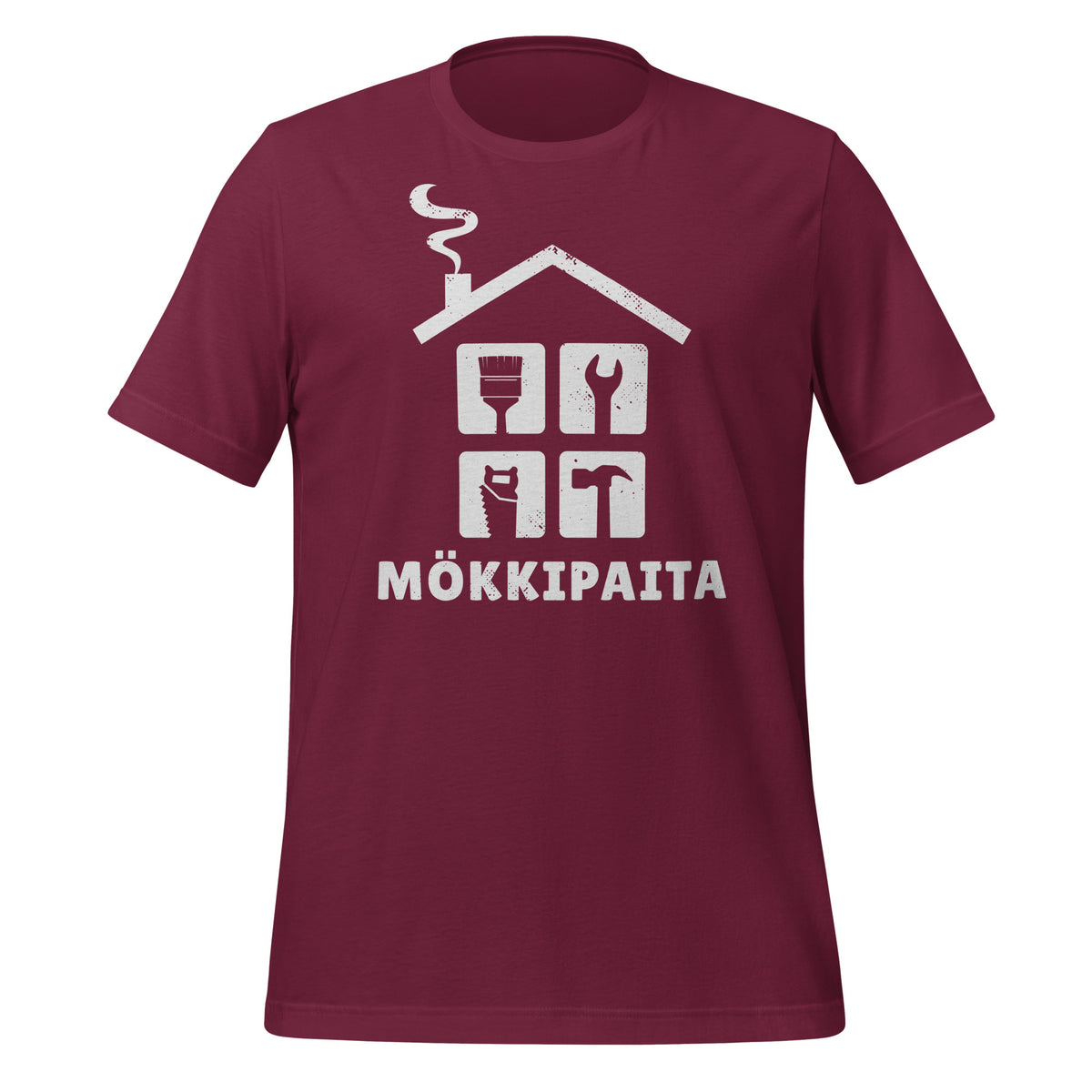 Mökkipaita - viininpunainen t-paita, jossa mökin siluetti ja työkalujen kuvia. Hauska paita mökillä touhuajalle.