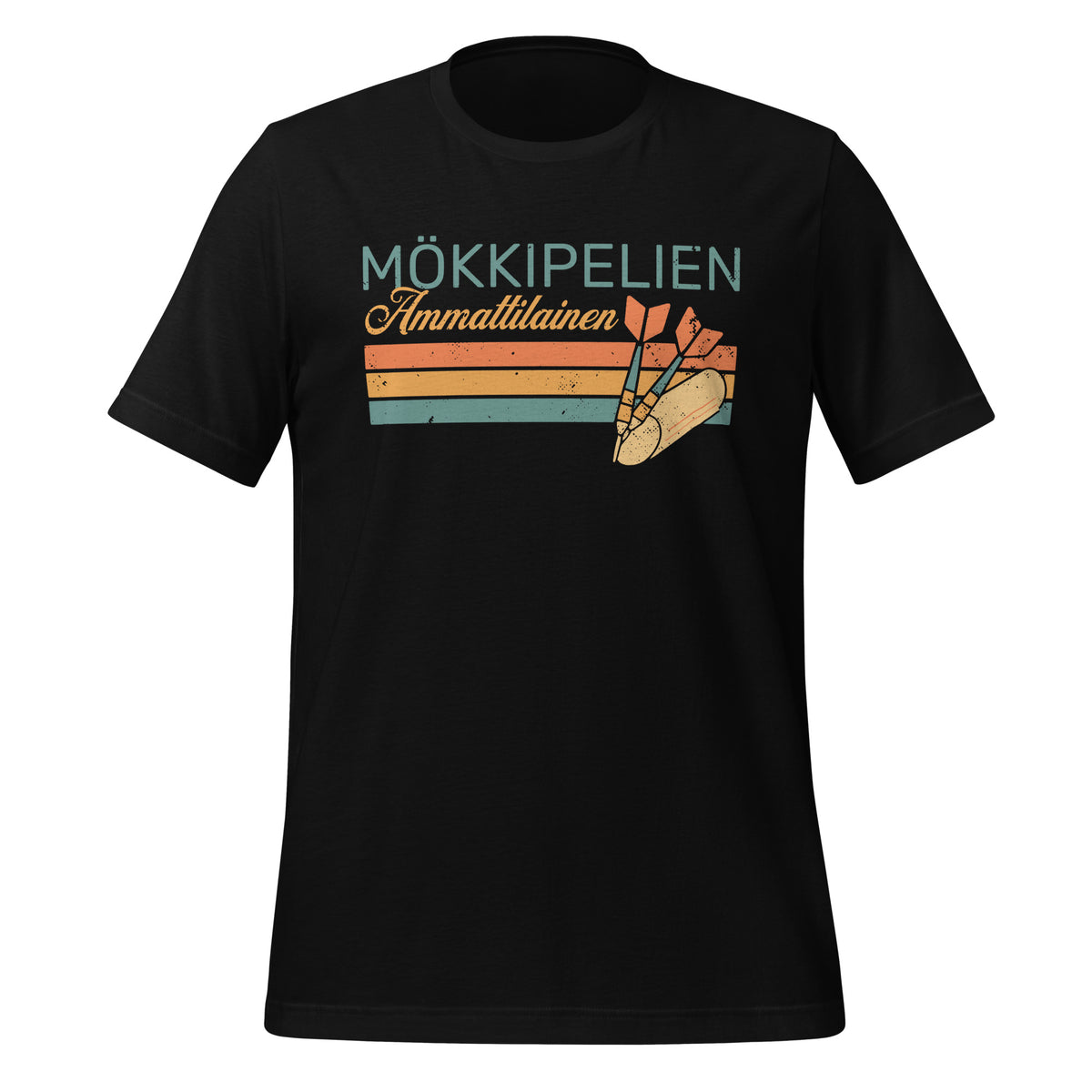 Mökkipelien ammattilainen - musta t-paita, jossa retrotyyliset raidat ja grafiikka. Hauska ja nostalginen paita pelihenkiselle mökkeilijälle.