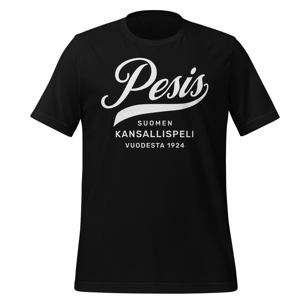 Pesis-aiheinen t-paita, jossa lukee “Pesis – Suomen kansallispeli vuodesta 1924”. Tyylikäs ja pelkistetty design pesäpallon ystäville.