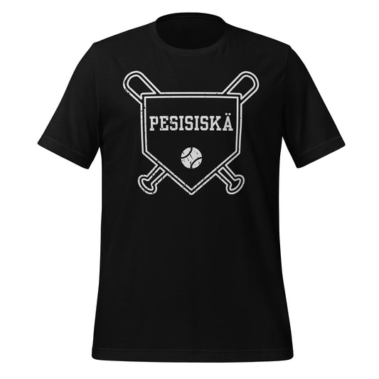 Pesisaiheinen t-paita, isälle jossa teksti “Pesisiskä” ja mailat ja pallo.