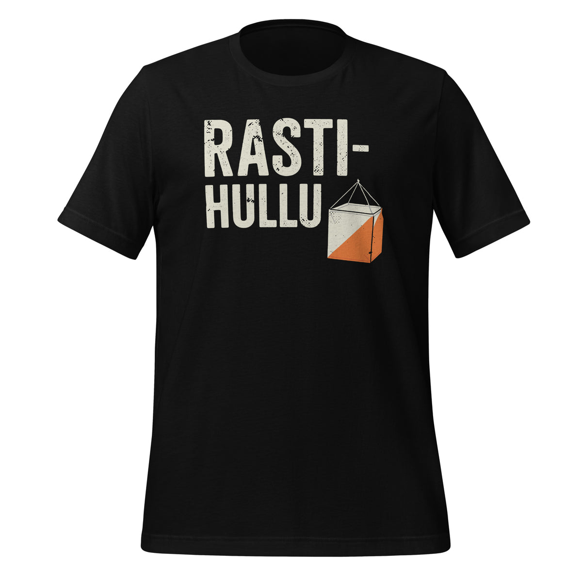 Tummapohjainen t-paita, jossa teksti "Rastihullu" ja rastilippu