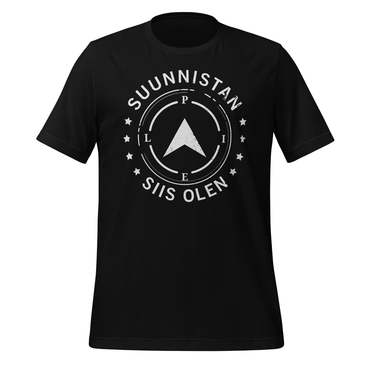 Tummapohjainen suunnistuspaita, jossa teksti “Suunnistan, siis olen” ja kompassimainen graafinen kuvio
