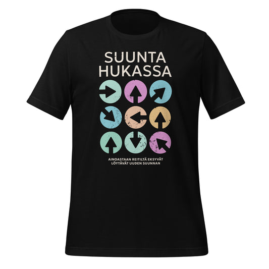 Suunnistushenkinen t-paita, jossa teksti “Suunta hukassa” ja monisuuntaisia nuolia pastellisävyissä