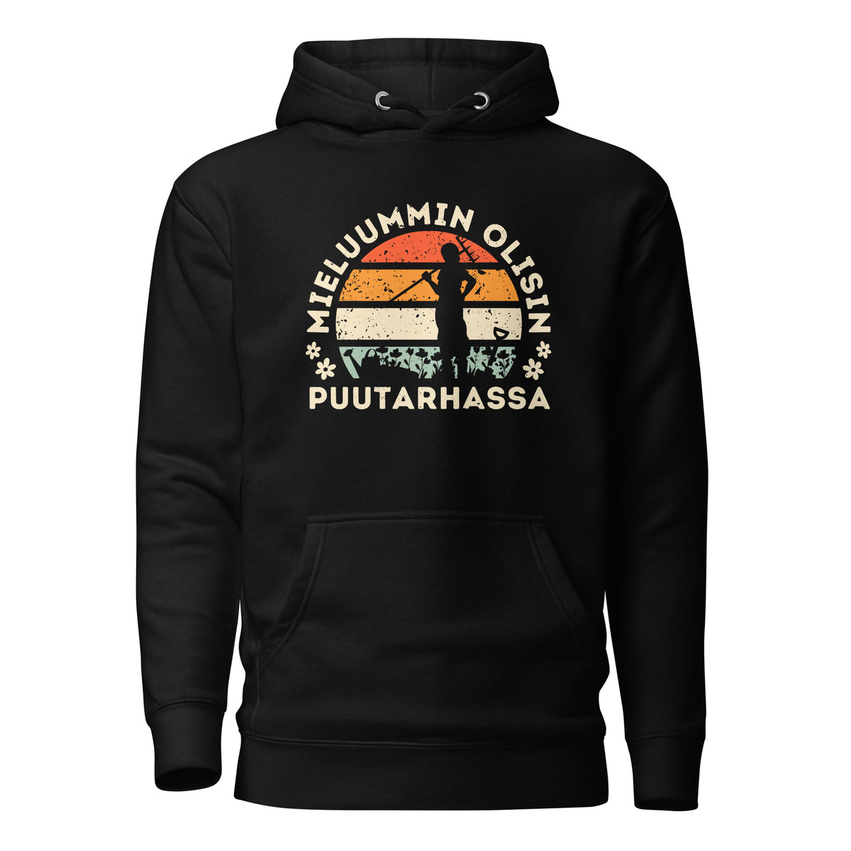 Retro auringonlasku, puutarhurin siluetti, kukkia, lapio, harva, vesikannu. Mieluummin olisin puutarhassa. Grafiikka tummalla pohjalla. Huppari. 