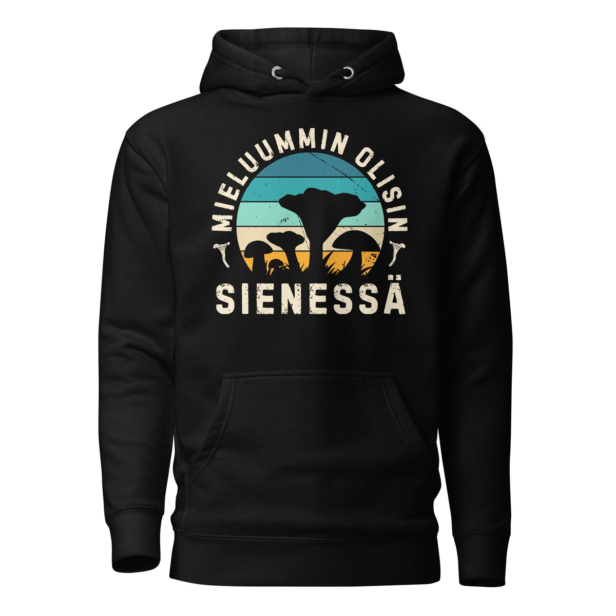 Mieluummin olisin sienessä huppari. Retro sunset, sienien siluetit tyylikkäässä printissä.