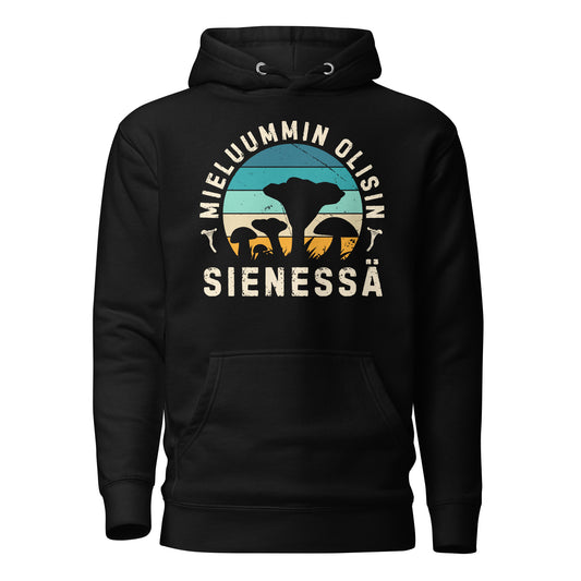 Mieluummin olisin sienessä huppari. Retro sunset, sienien siluetit tyylikkäässä printissä.