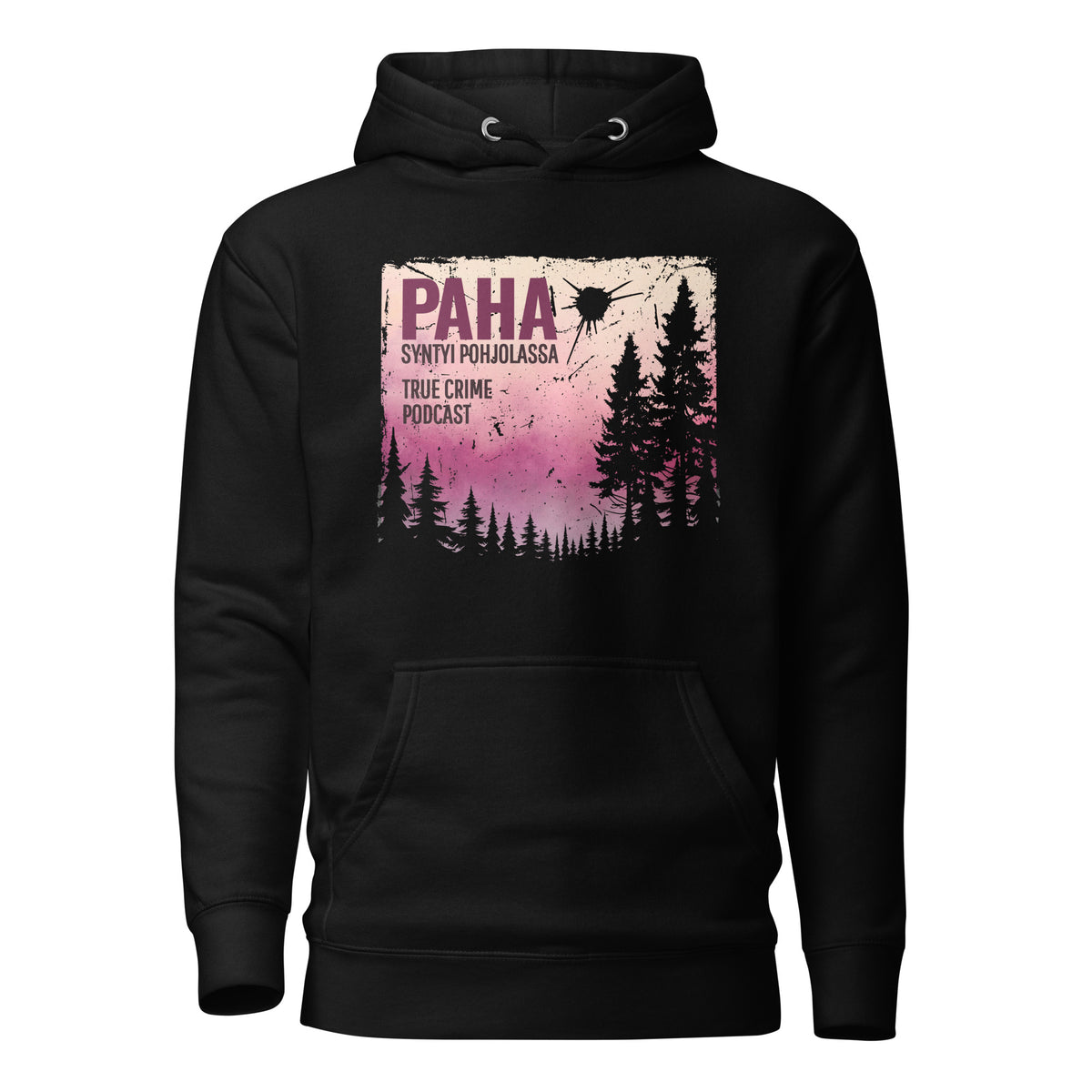 Paha syntyi pohjolassa -huppari, jossa synkkä metsä ja purppurainen gradientti. True crime -aiheinen design, virallinen yhteistyö podcastin kanssa.