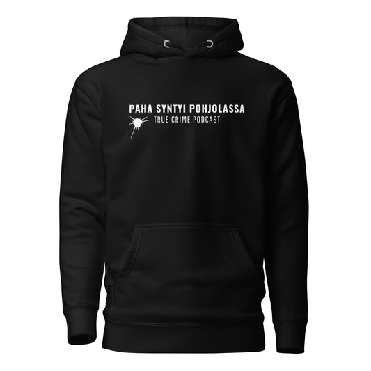 Paha syntyi pohjolassa -huppari, jossa synkkä metsä ja purppurainen gradientti. Virallinen yhteistyömallisto suositun true crime -podcastin kanssa.
