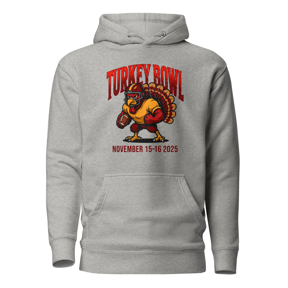 Harmaa huppari Turkey Bowl 2025 printillä