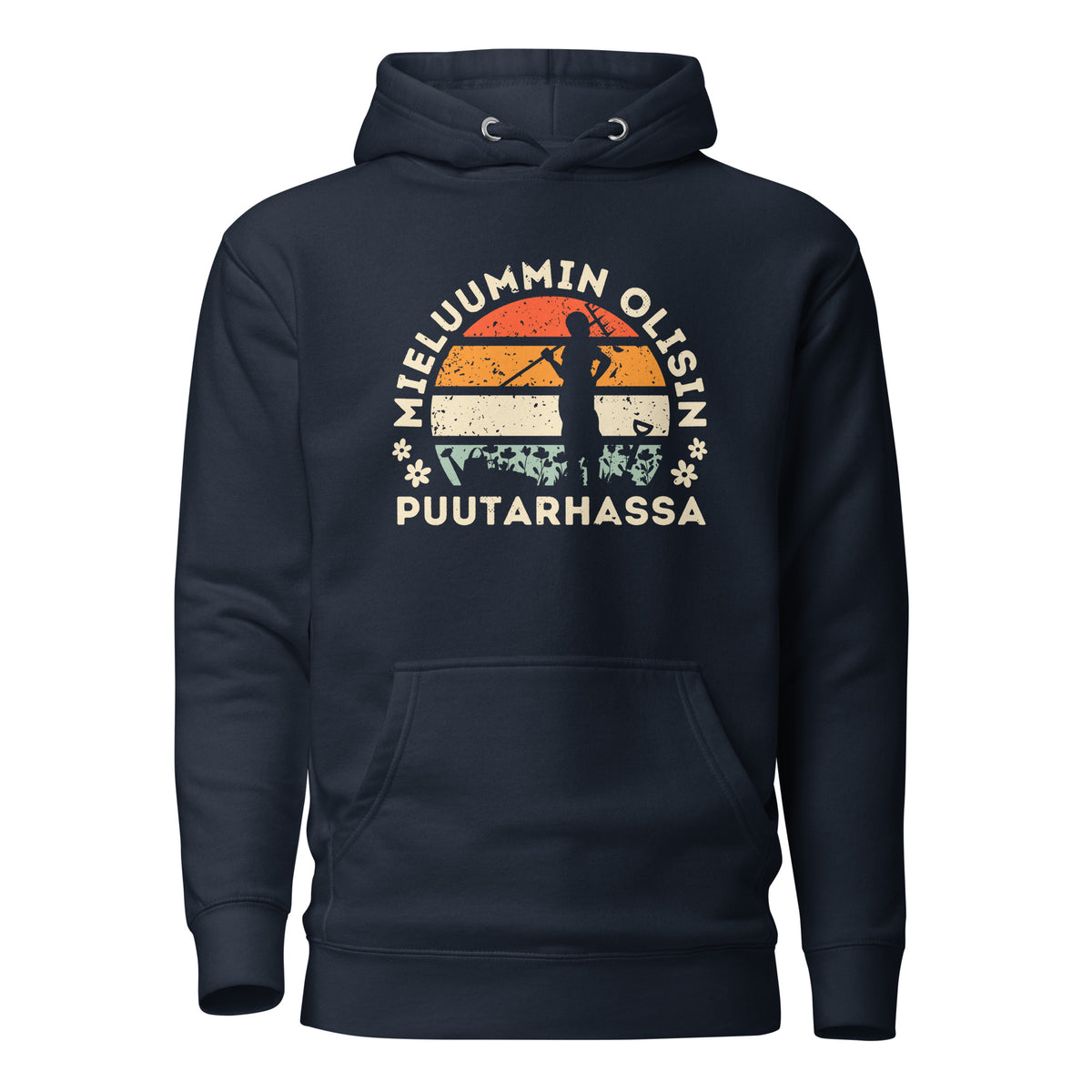Retro auringonlasku, puutarhurin siluetti, kukkia, lapio, harva, vesikannu. Mieluummin olisin puutarhassa. Grafiikka tummalla pohjalla. Huppari. 