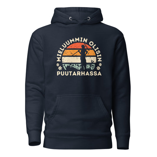 Retro auringonlasku, puutarhurin siluetti, kukkia, lapio, harva, vesikannu. Mieluummin olisin puutarhassa. Grafiikka tummalla pohjalla. Huppari. 