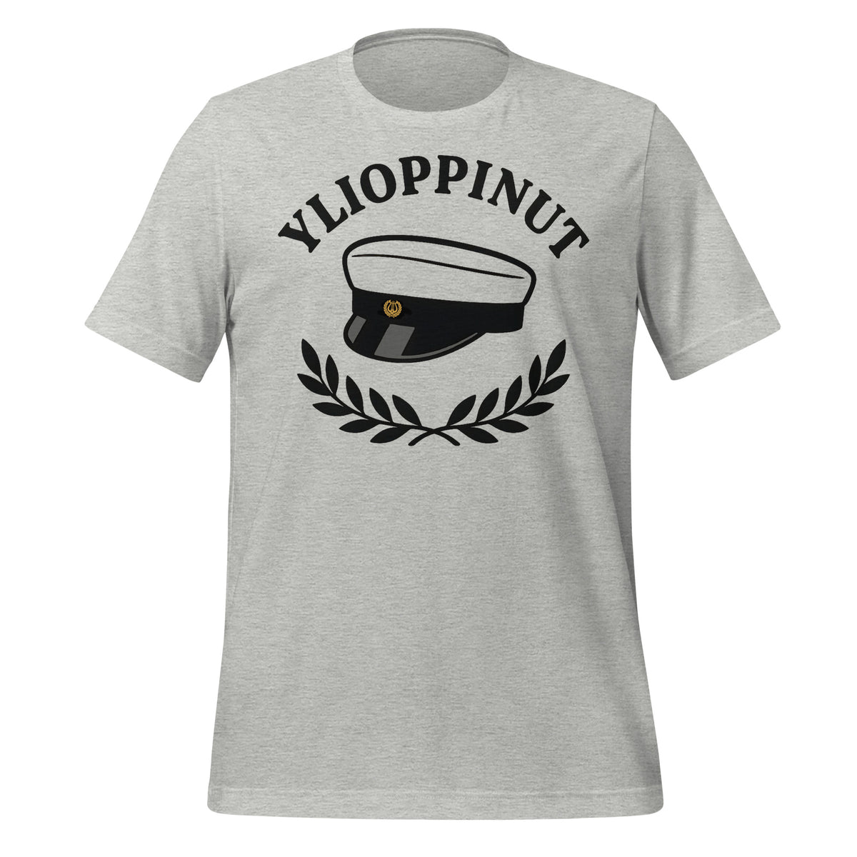 Mustavalkoinen ylioppilaslakki, laakeriseppele ja teksti “Ylioppinut” graafisessa kuvituksessa