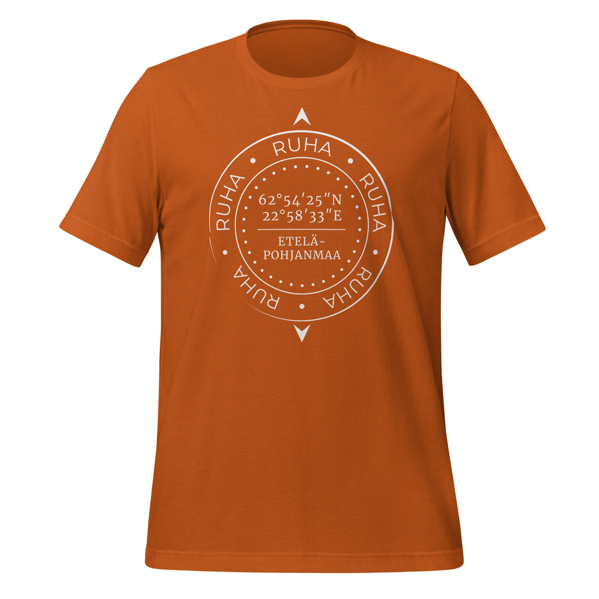 Kotiseutupaita Ruha - tyylikäs grafiikka, oranssi t-paita.