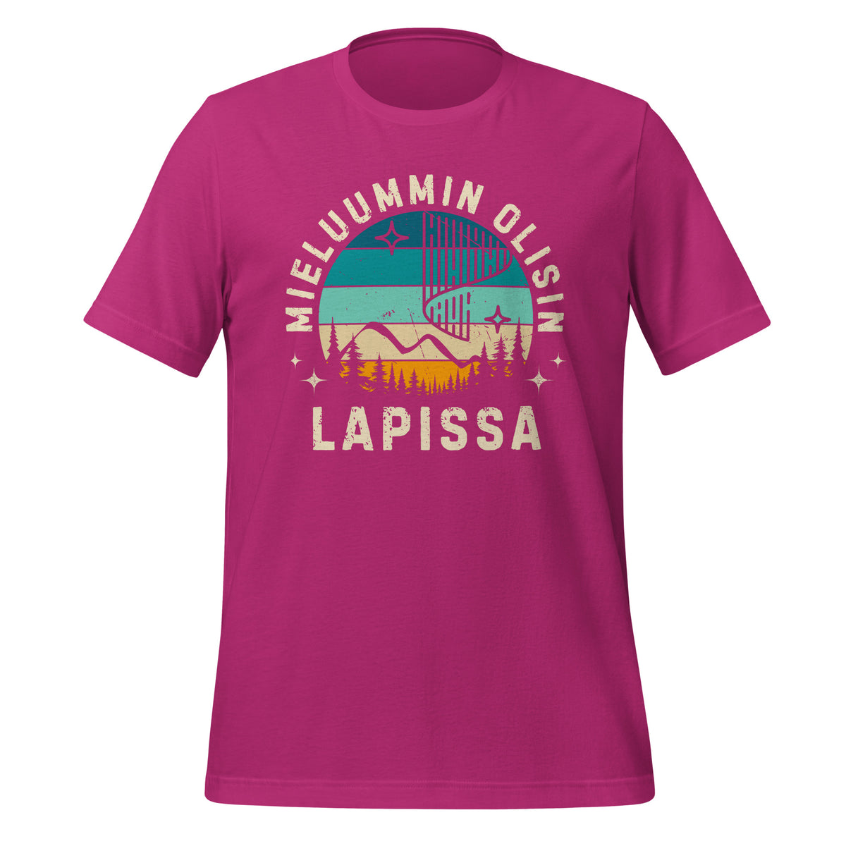 Mieluummin olisin Lapissa - retro unisex t-paita, väri vaaleanpunainen, pohjoisen luonnon ystäville.