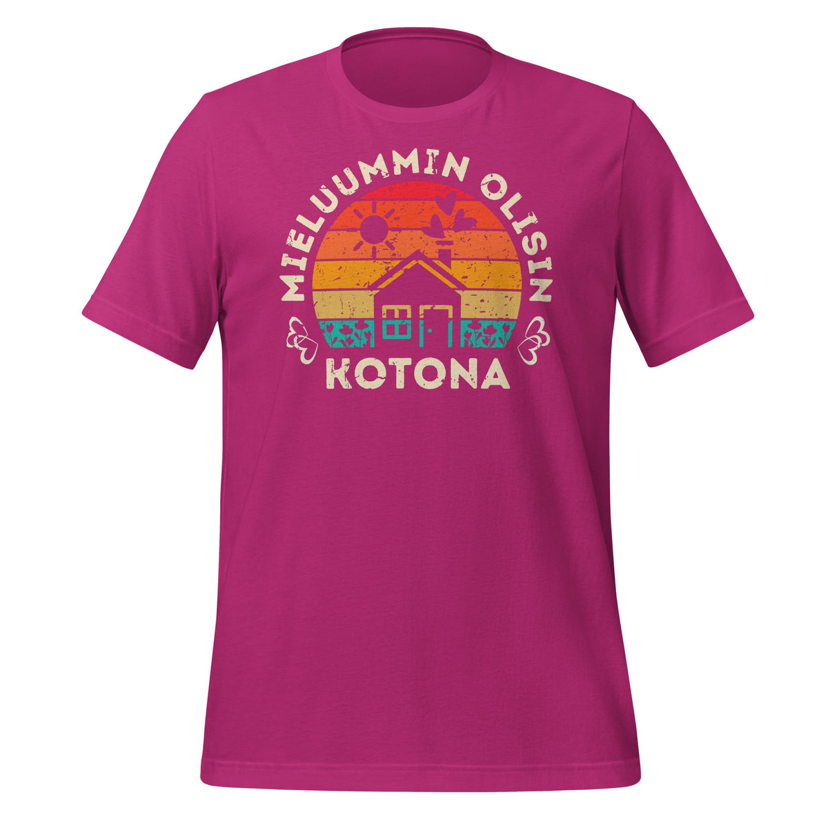 Pinkki t-paita, jossa retro auringonlasku ja teksti mieluummin olisin kotona.