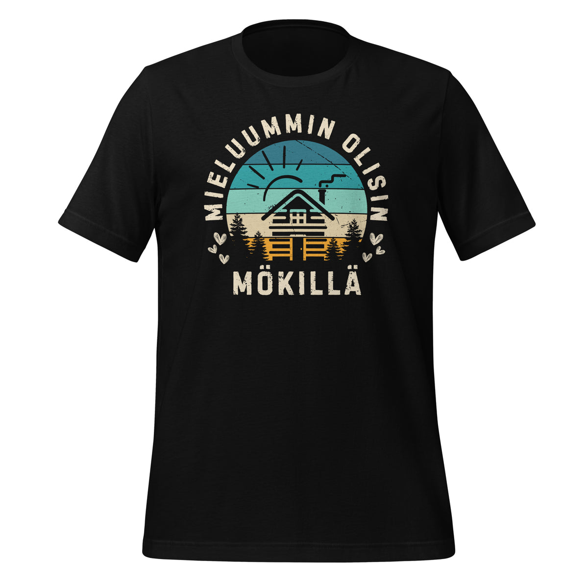 Mieluummin olisin mökillä T-paita – retrotyylinen mökkiteemainen design, jossa auringonlasku ja hirsimökin siluetti metsämaisemassa, täydellinen mökkeilyn ja luonnon ystäville