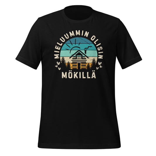 Mieluummin olisin mökillä T-paita – retrotyylinen mökkiteemainen design, jossa auringonlasku ja hirsimökin siluetti metsämaisemassa, täydellinen mökkeilyn ja luonnon ystäville