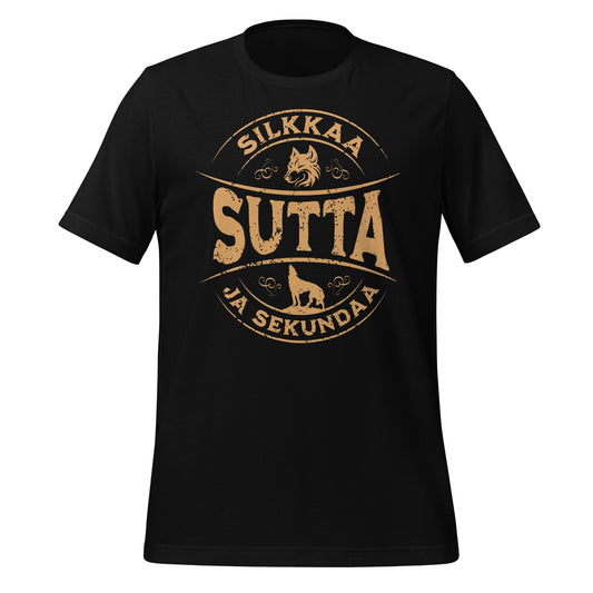 T-paita 'Sutta ja Sekundaa' vintage-grafiikalla – suomalainen sanonta humoristisessa designissa