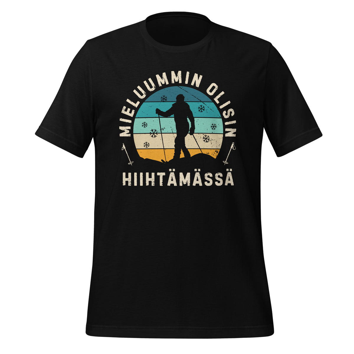 Retrohenkinen t-paita, jossa teksti 'Mieluummin Olisin Hiihtämässä' ja hiihtäjän siluetti talvimaisemassa.