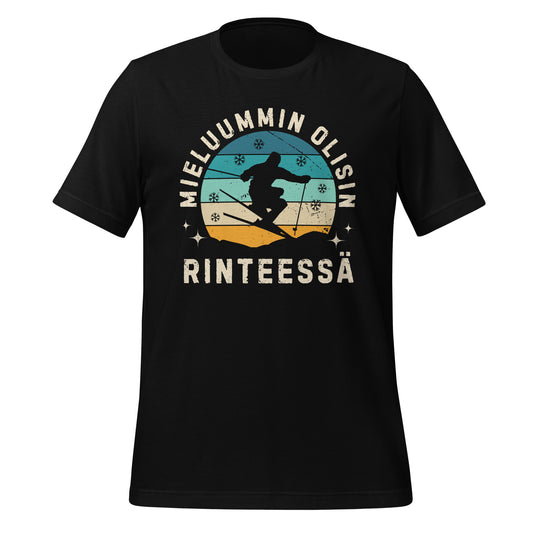 Retro t-paita, jossa teksti 'Mieluummin Olisin Rinteessä' ja laskettelijan siluetti talvimaisemassa.