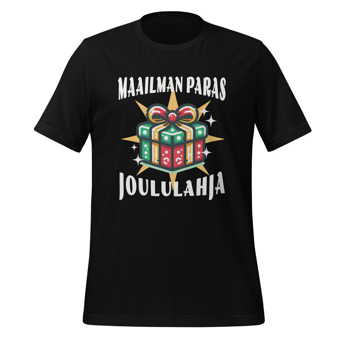 T-paita tekstillä "Maailman paras joululahja" ja kuvalla värikkäästä lahjapaketista. Hauska ja värikäs joulupaita lahjaksi.
