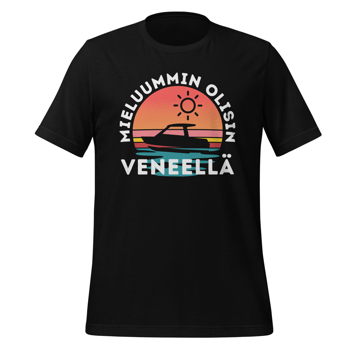 T-paita tekstillä "Mieluummin olisin veneellä" ja kuvalla veneestä auringonlaskussa. Retrohenkinen design vesillä viihtyville.
