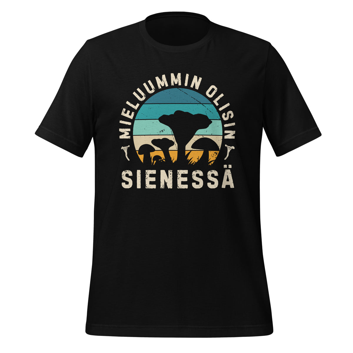 Musta t-paita tekstillä "Mieluummin olisin sienessä" ja kuvalla sienistä. Retrohenkinen design luonnon ja sienestyksen ystäville.