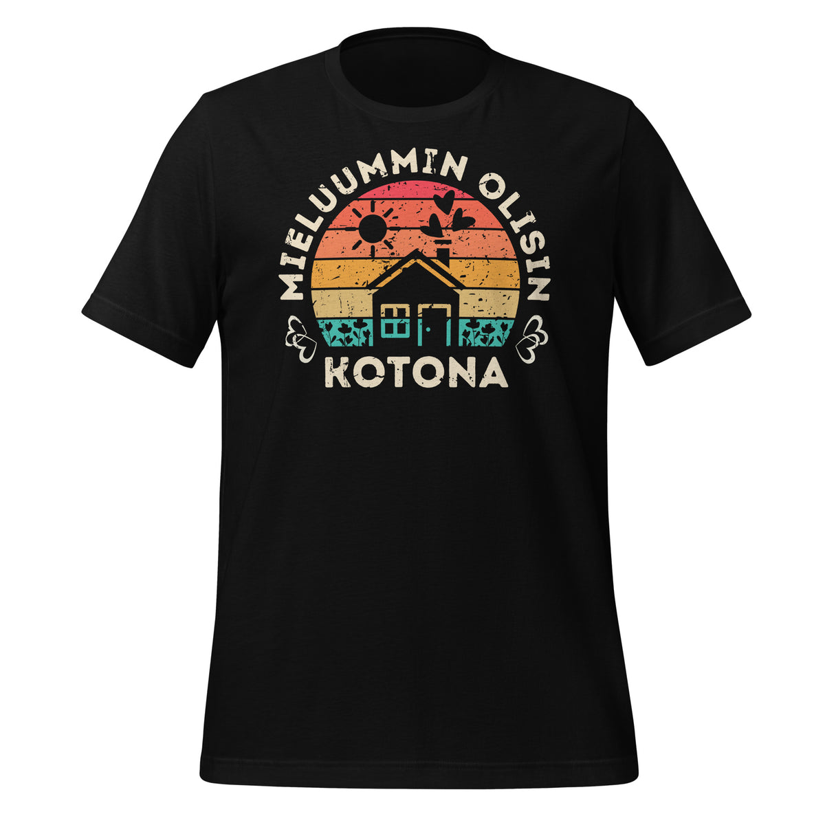 Musta t-paita, jossa retro auringonlasku ja teksti mieluummin olisin kotona. 