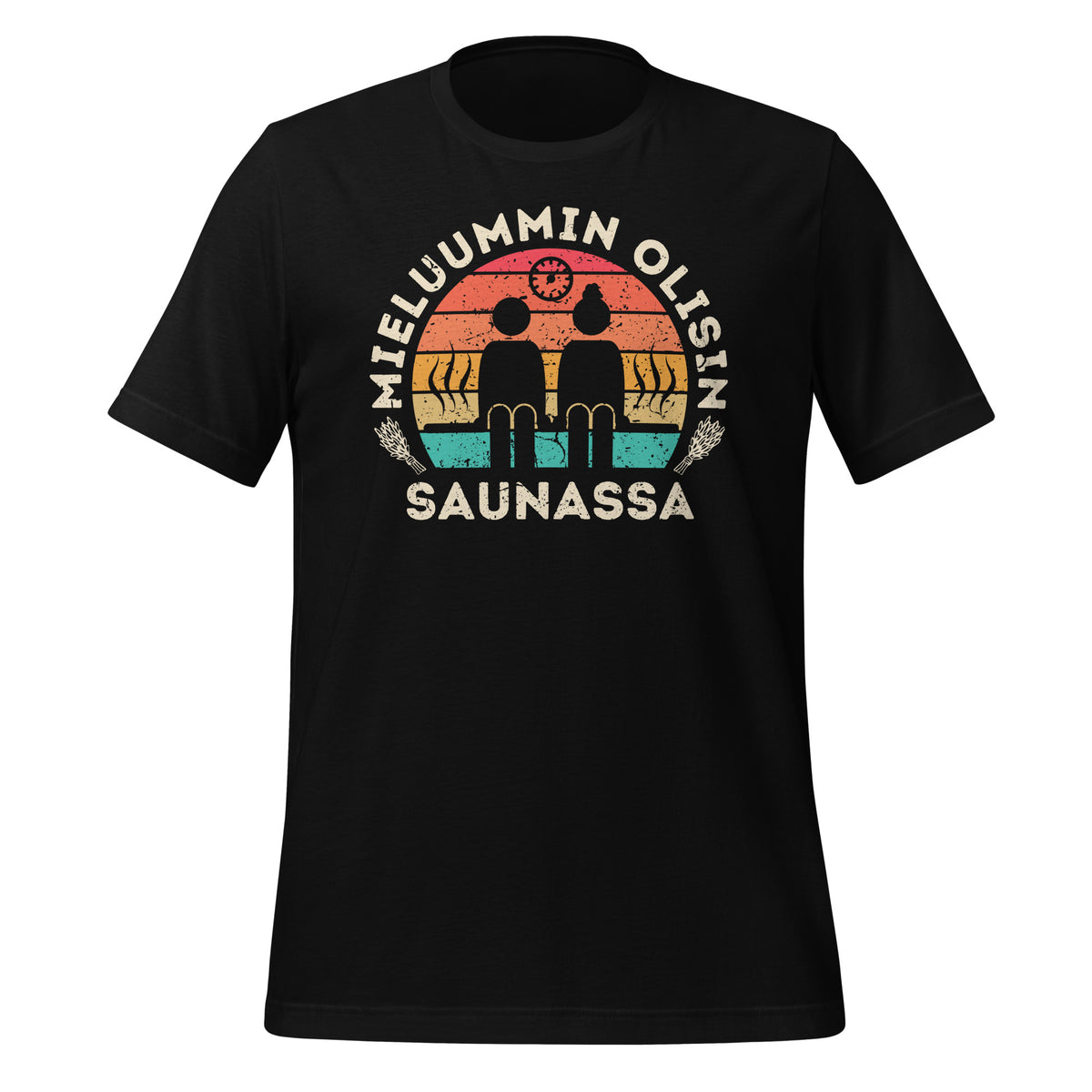 Mieluummin olisin saunassa - musta t-paita. Tyylikäs retropaita saunomisen ystvälle.