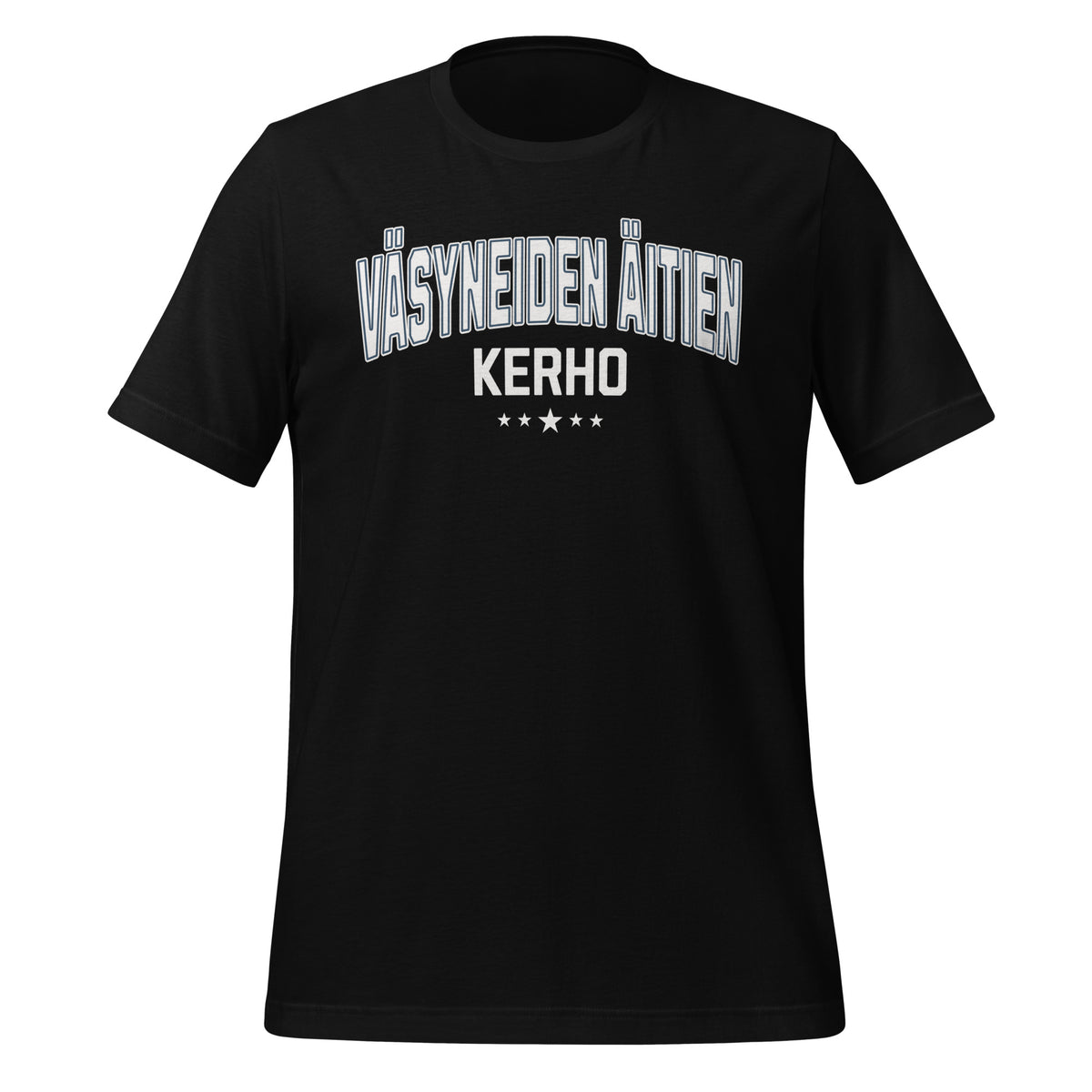 Musta t-paita, jossa tyylikäs typografia 'väsyneiden äitien kerho', vaalea painatus. 